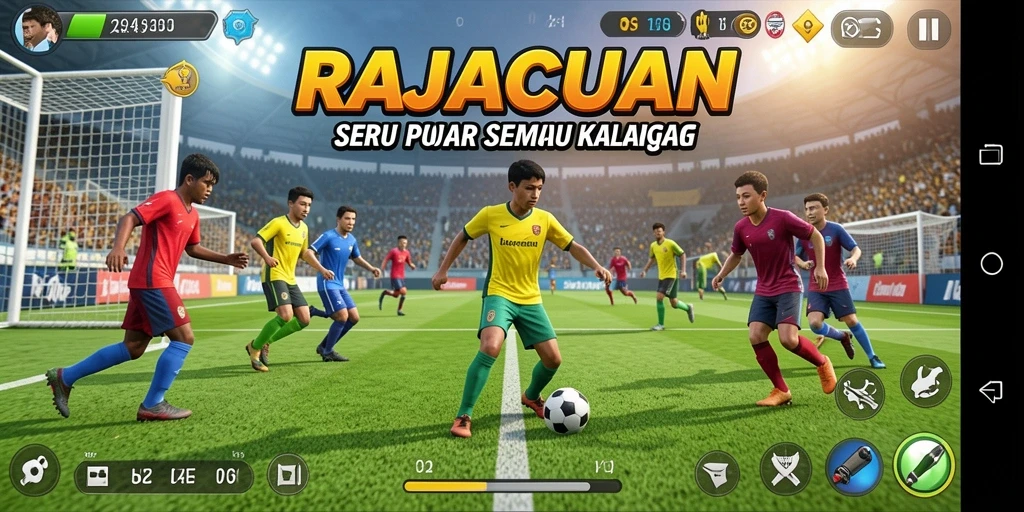 Screenshot utama RAJACUAN dengan aksi seru pertandingan olahraga.